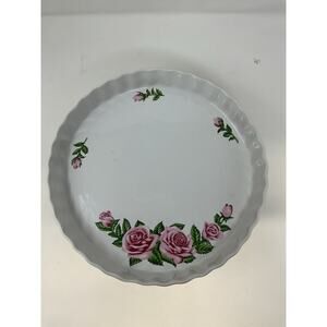 Vintage Christineholm Porcelain 9” Baking Dish Scalloped Pie Quiche Rose Pattern